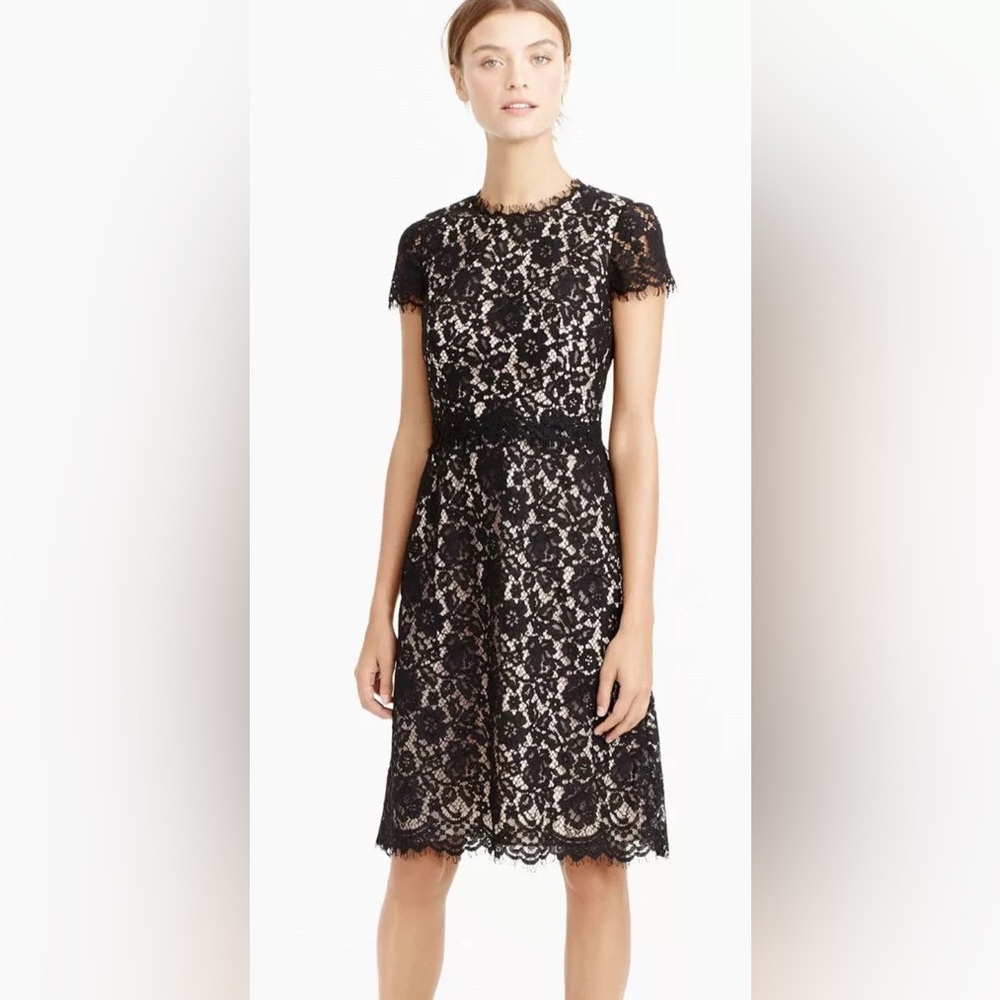 J.Crew Collection Short Sleeve A-Line Dress with Lace Overlay F9096 - Black - 2